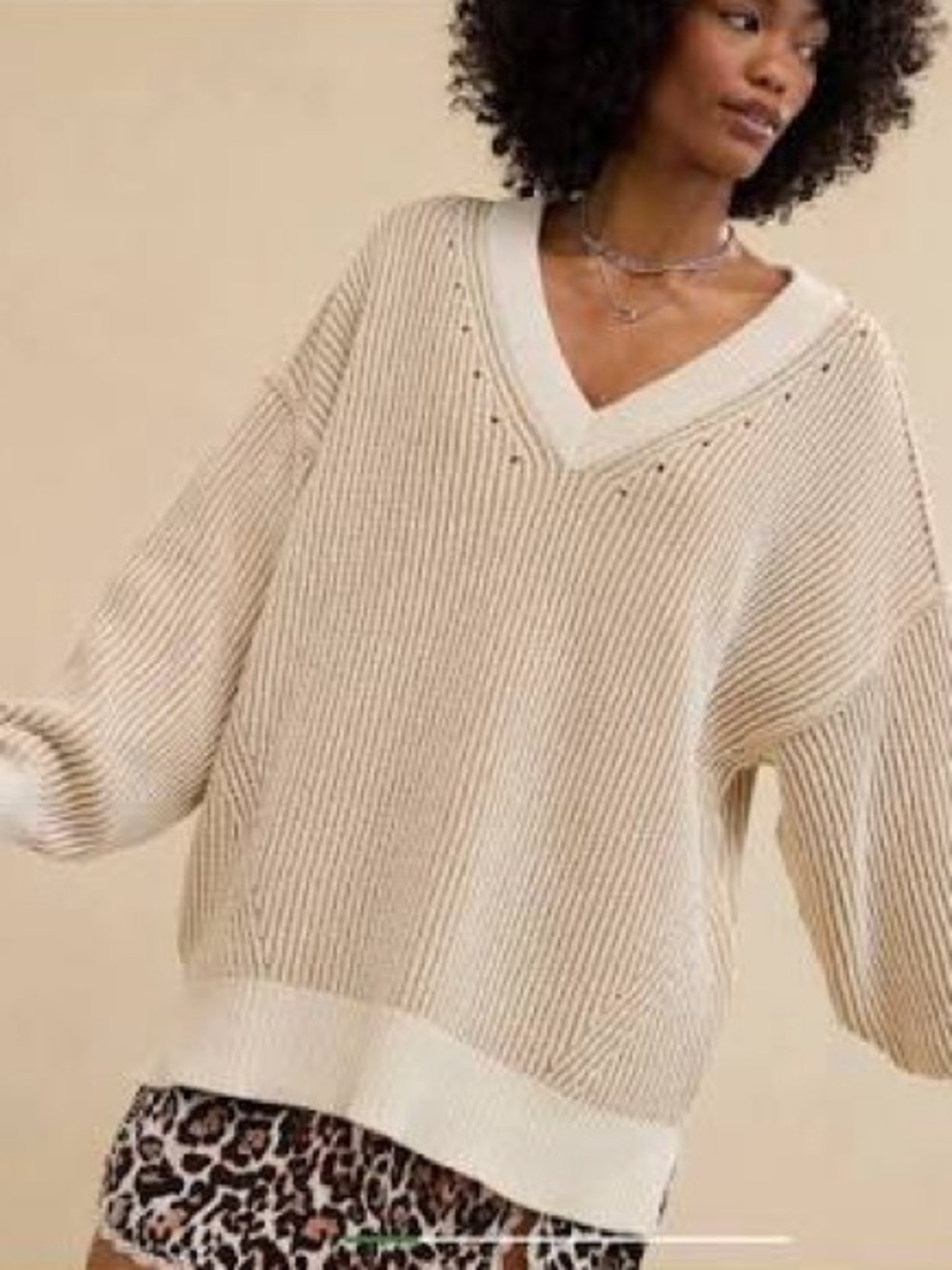 aerie Cream Oversized V-Neck Ribbed Sweater